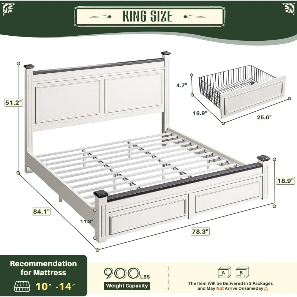King Size Bed Frame with 51.2" Tall Headboard,2 Storage Drawers, Modern King Bed Frame for Bedroom,Apartment,NO Noise,No Box Spr