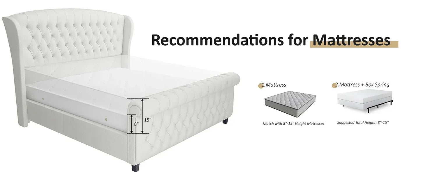 King Size Bed Frame, Chenille Upholstered Sleigh Beds with Scroll Wingback Headboard & Footboard/Button, King Size Bed Frame