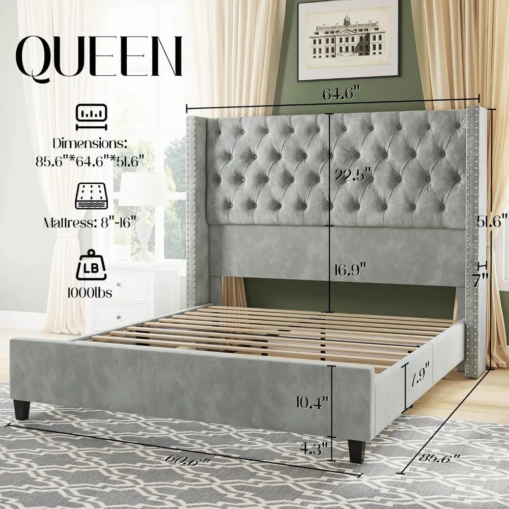 Queen Size Bed Frame Velvet Upholstered Platform Bed 51.6" Tall Wingback Headboard Deep Button Tufted, No Box Spring Needed