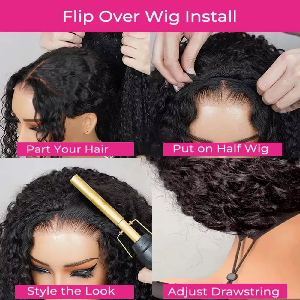 Human Hair Kinky Curly 3 In 1 Human Hair Wig Seamless Flip Over Half Wig