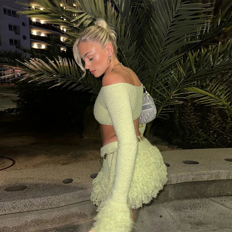 Elegant Tassel Knitted Skirt Set Women Off Shoulder Long Sleeve Crop Top Hip Package Mini Skirts Suit Summer Beach Lady Outfits