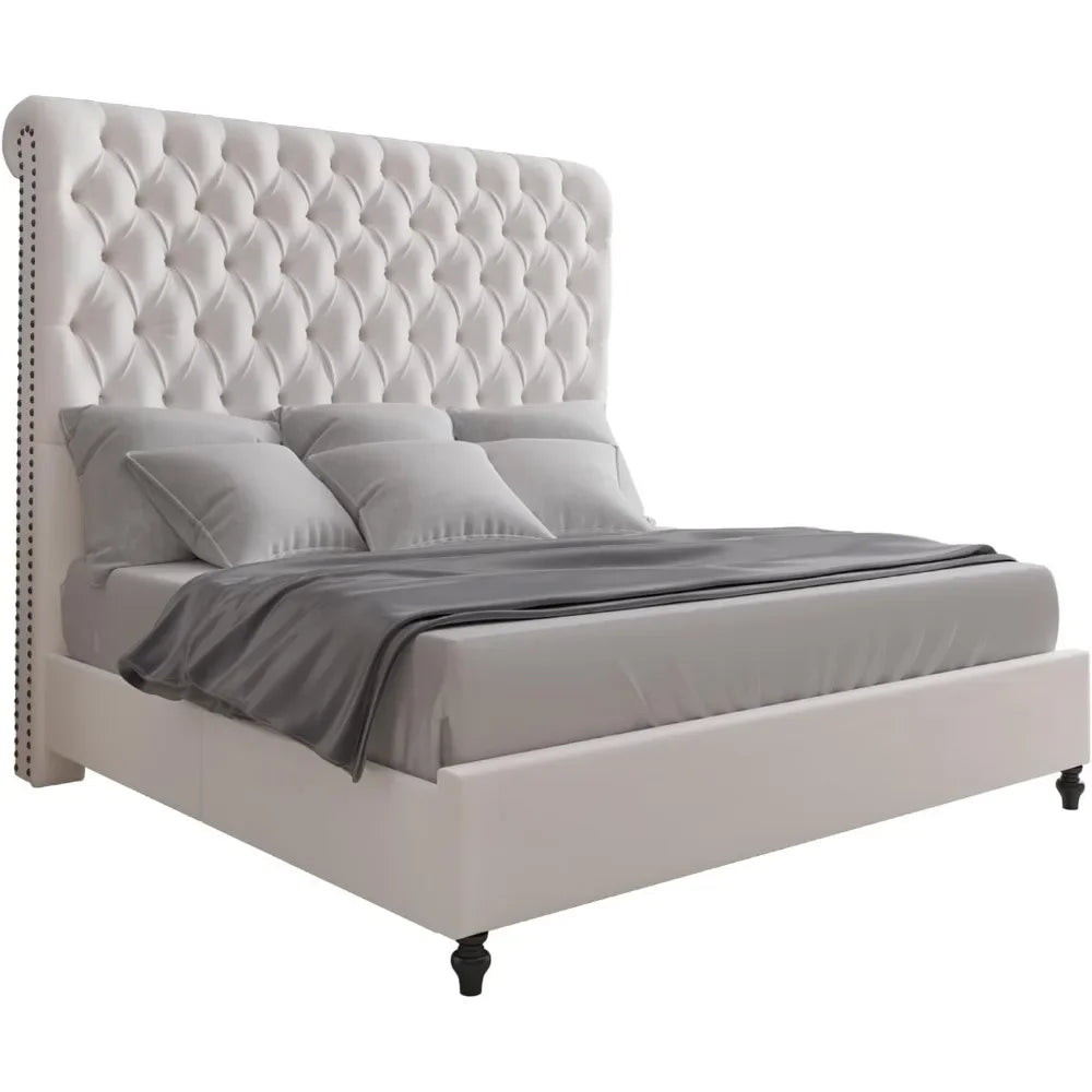 Queen Size Bed Frame with Sleigh Headboard 60" Tall Velvet Upholstered Platform Bed, No Box Spring Needed, Cream