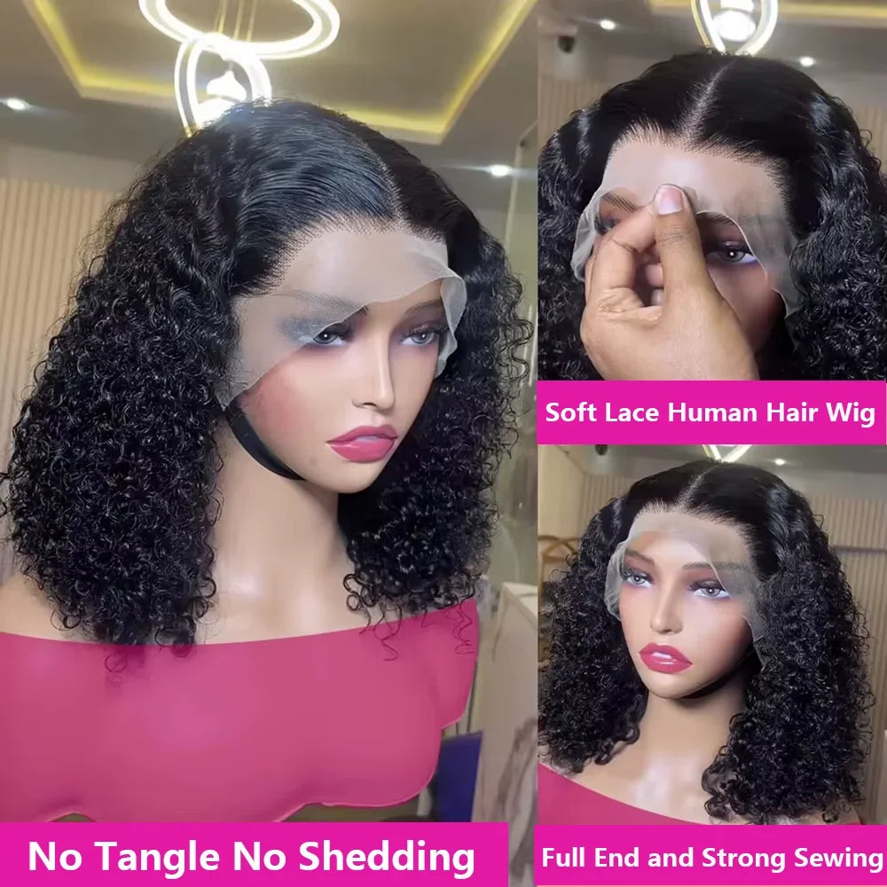 200 Density 13x6 Short Bob  Deep Wave wigs Curly 100% Human Hair 13x4 HD Transparent Lace Front Wig 14 16 Inches