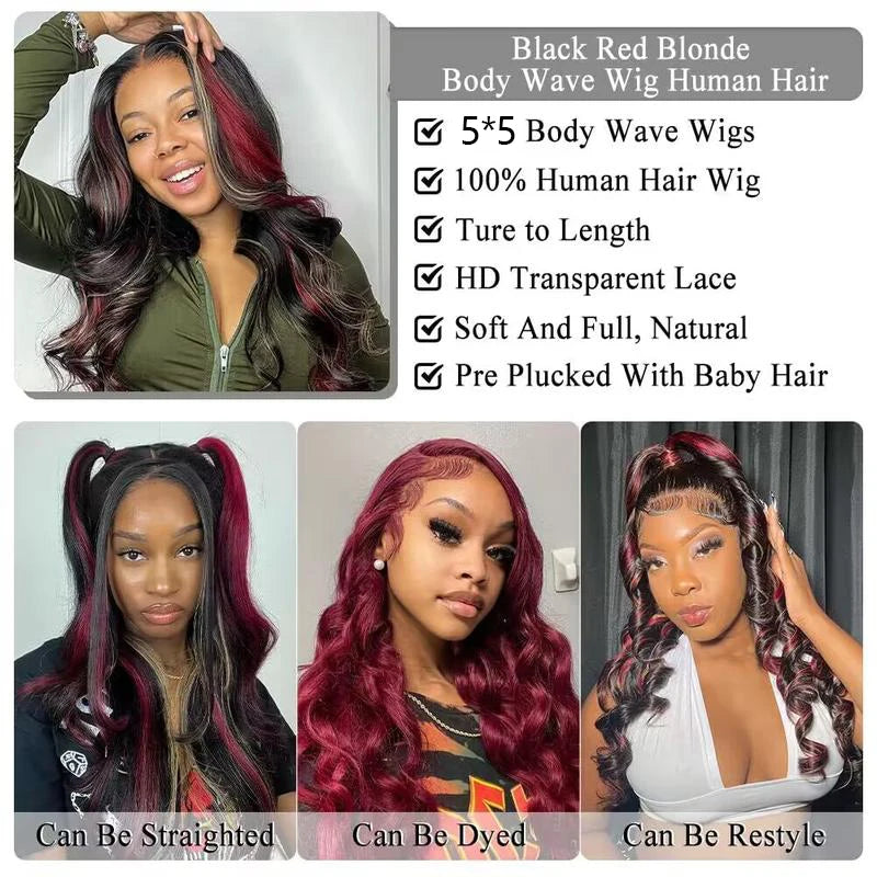 Ombre Red With Blonde Highlights Body Wave 5x5 Glueless Wigs Human Hair Burgundy for Women Pre Plucked 200 Density Colored Wig