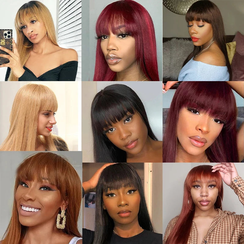 Straight Human Hair Wigs With Bangs/Burgundy Brazilian Remy