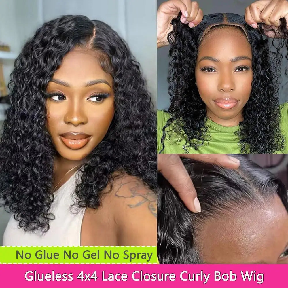 Kinky Curly Bob Wigs Human Hair Glueless 4X4 Lace Wig Malaysia Hair Short Curly Bob Wigs