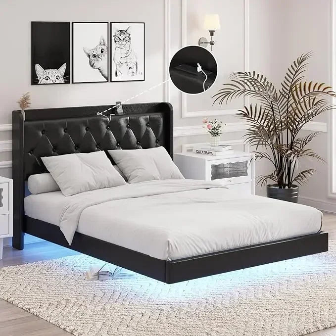 King Bed Frame, Floating with LED Lights, Upholstered Bed with Charging Station, No Box Spring Needed, Bed Frame