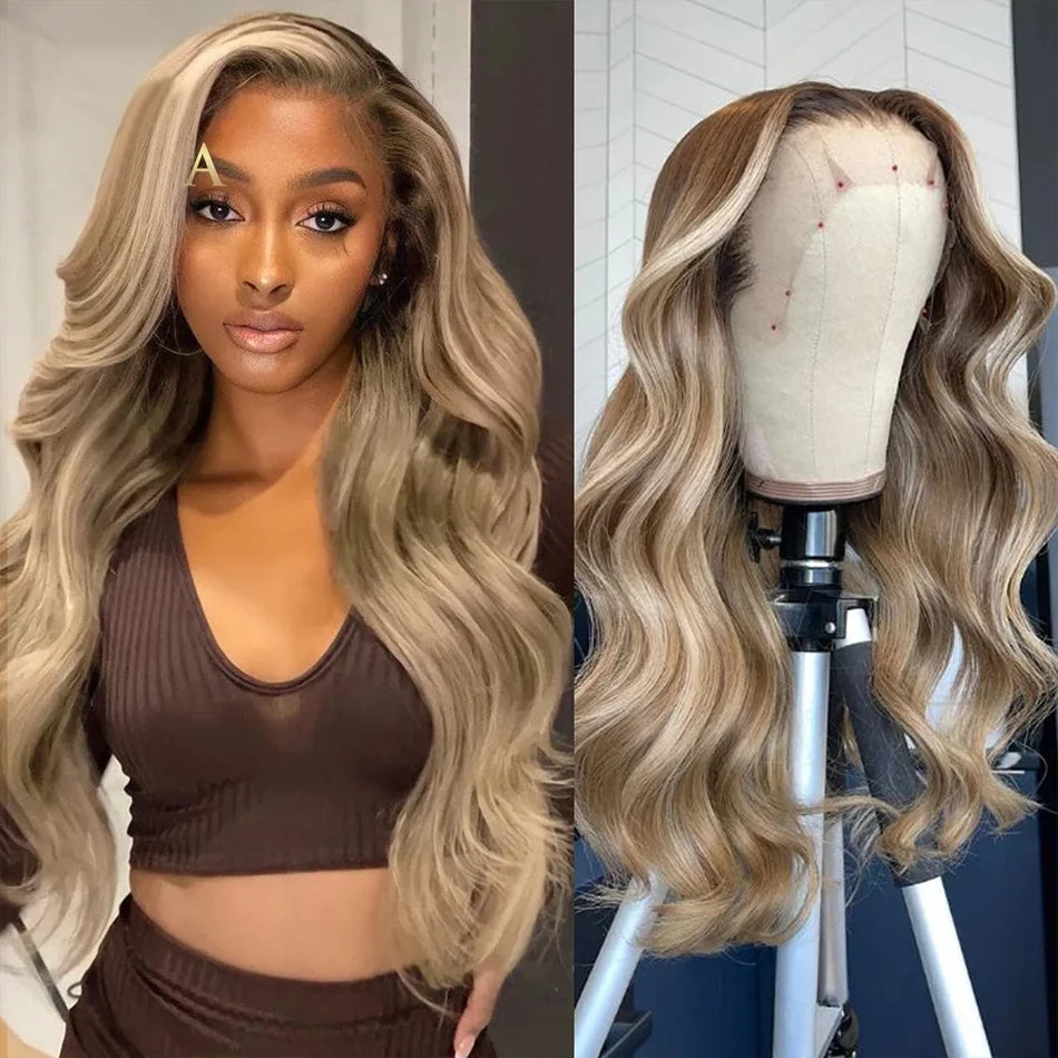 4/613 Balayage Brown Blonde 13x4 Lace Front Wig Body Wave Colored Human Hair Wigs For Women 613 HD Lace Front Human Hair Wig