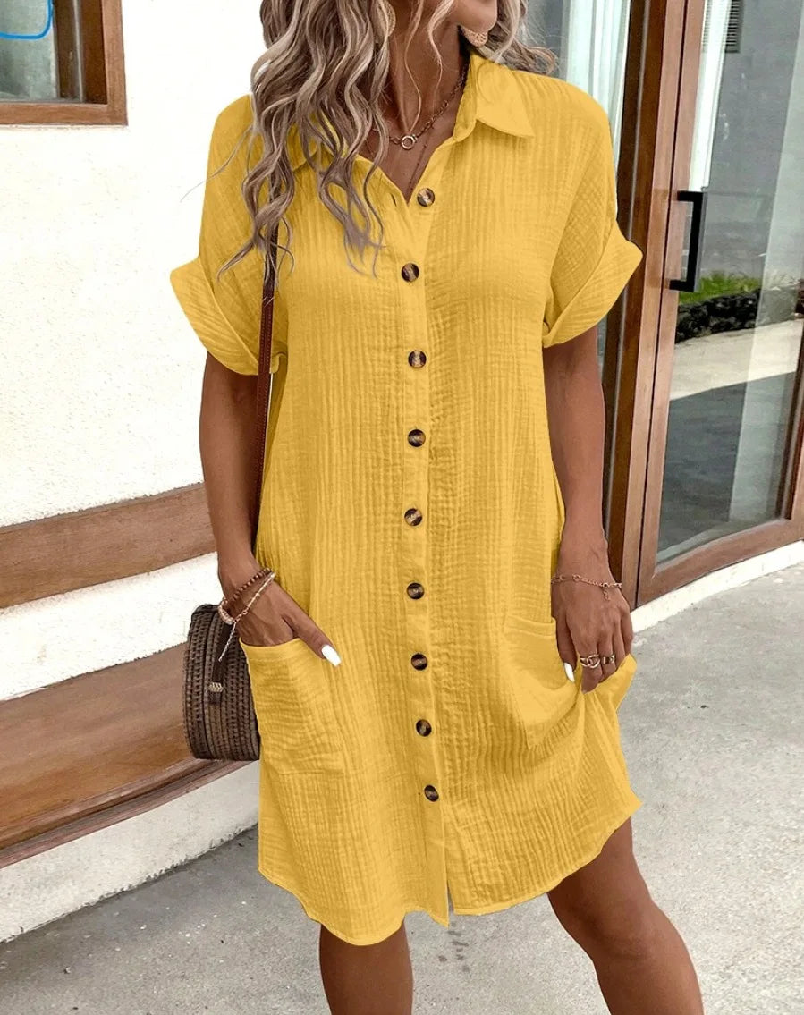 V-neck Button Up Dress Woman Cotton Linen White Short Sleeved Pocket Casual Loose Shirt Dress