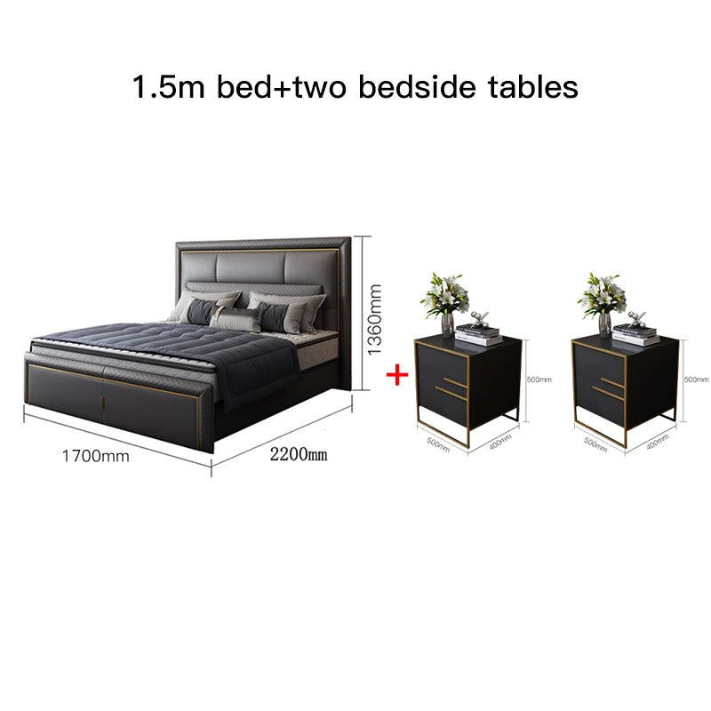 Light Luxury  Bed Frame Dark Gray Complete Furniture Bedrooms Set Beside Tables Cama King Size 2 People For Apartment Villa Home