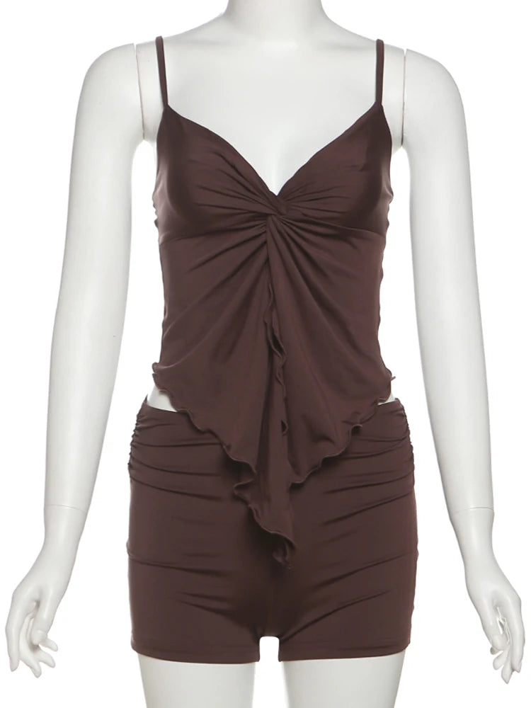 2 Piece Set Simple Irregular Rushed Low Neck Backless Camisoles+ Solid Slim Shorts