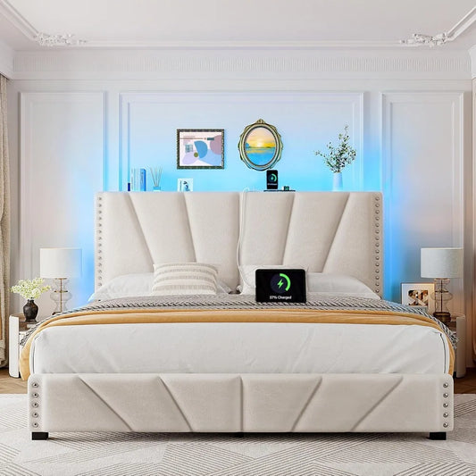 EnHomee King Size Bed Frame with Velvet Headboard and LED Lights， Storage Headboard Platform Bed with Charging Station, Sturdy W