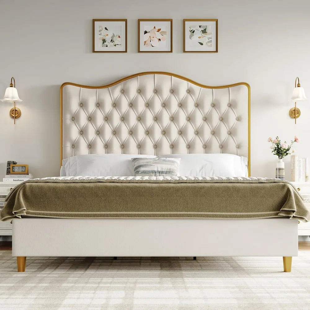 King Size Bed Frame W 55" Tall Curved Headboard, Velvet Deep Tufted Button, No Box Spring Needed, Metal Upholstered Platform Bed