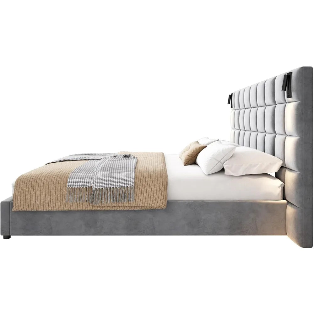King Size Velvet Platform Bed with Adjustable Reading Lamp and USB Port, Upholstered Platform Bed with Wide Headboard and Wooden