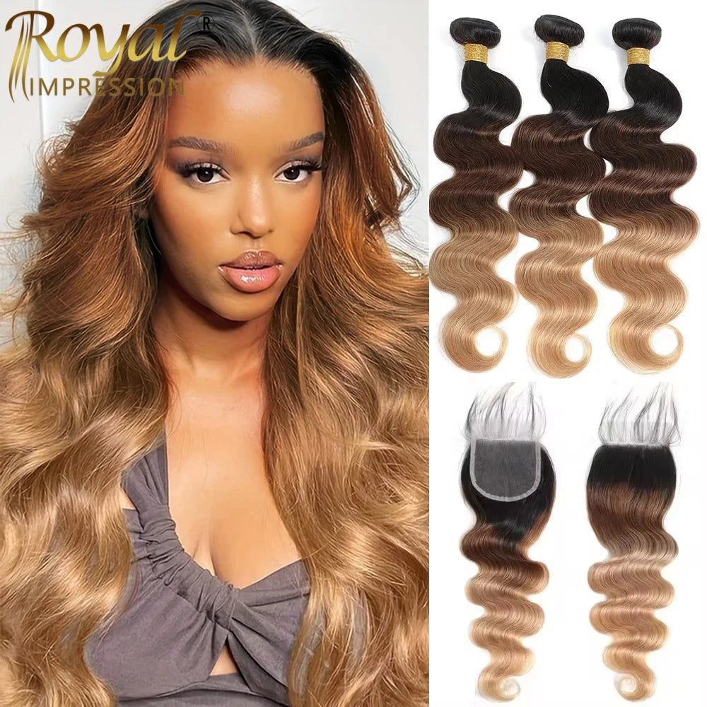 Ombre Color Body Wave Human Hair Bundles with closure Brazilian  human hair 1b/4/27 Hair Weave Bundles human Hair Extension