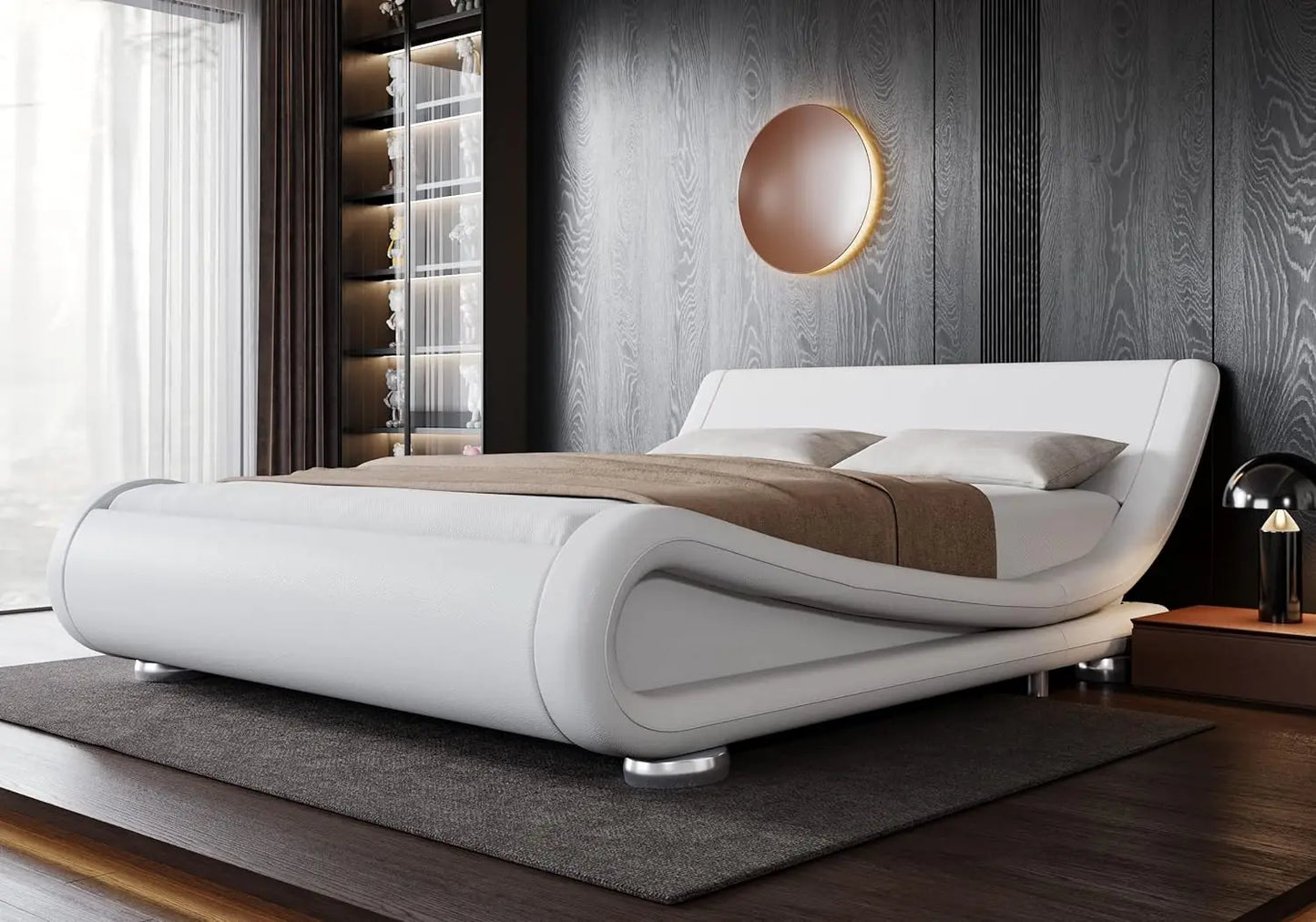 Queen Size Bed Frame with Ergonomic & Adjustable Headboard, Low Profile Modern Upholstered Platform Sleigh Design