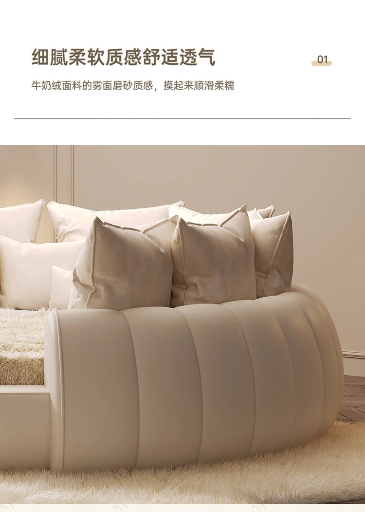 Minimalist Genuine Leather Bed Round Modern King Size American Style Fashionable Bed Light Luxury Wedding Full Lit Furniture