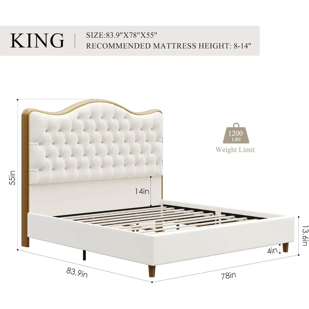 King Size Bed Frame W 55" Tall Curved Headboard, Velvet Deep Tufted Button, No Box Spring Needed, Metal Upholstered Platform Bed