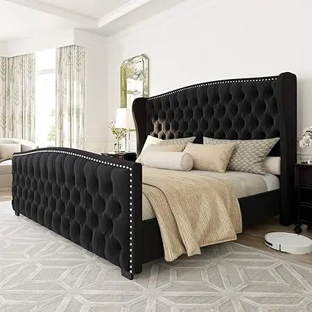 AMERLIFE Queen Size Platform Bed Frame, Velvet Upholstered Bed with Deep Button Tufted & Nailhead Trim Wingback Headboard/No Box
