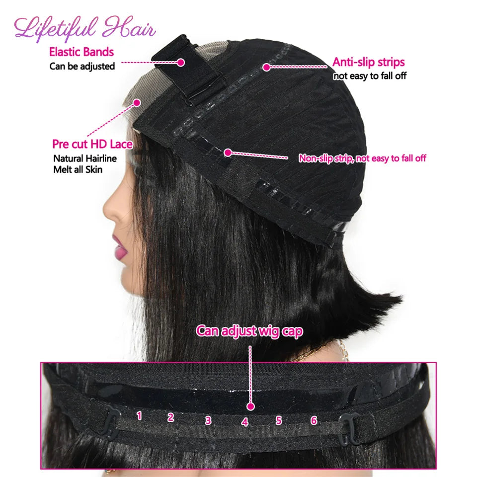 Glueless Bob Hair Wig Human Hair Ready To Wear Straight Transparent 4x4 Lace Closure