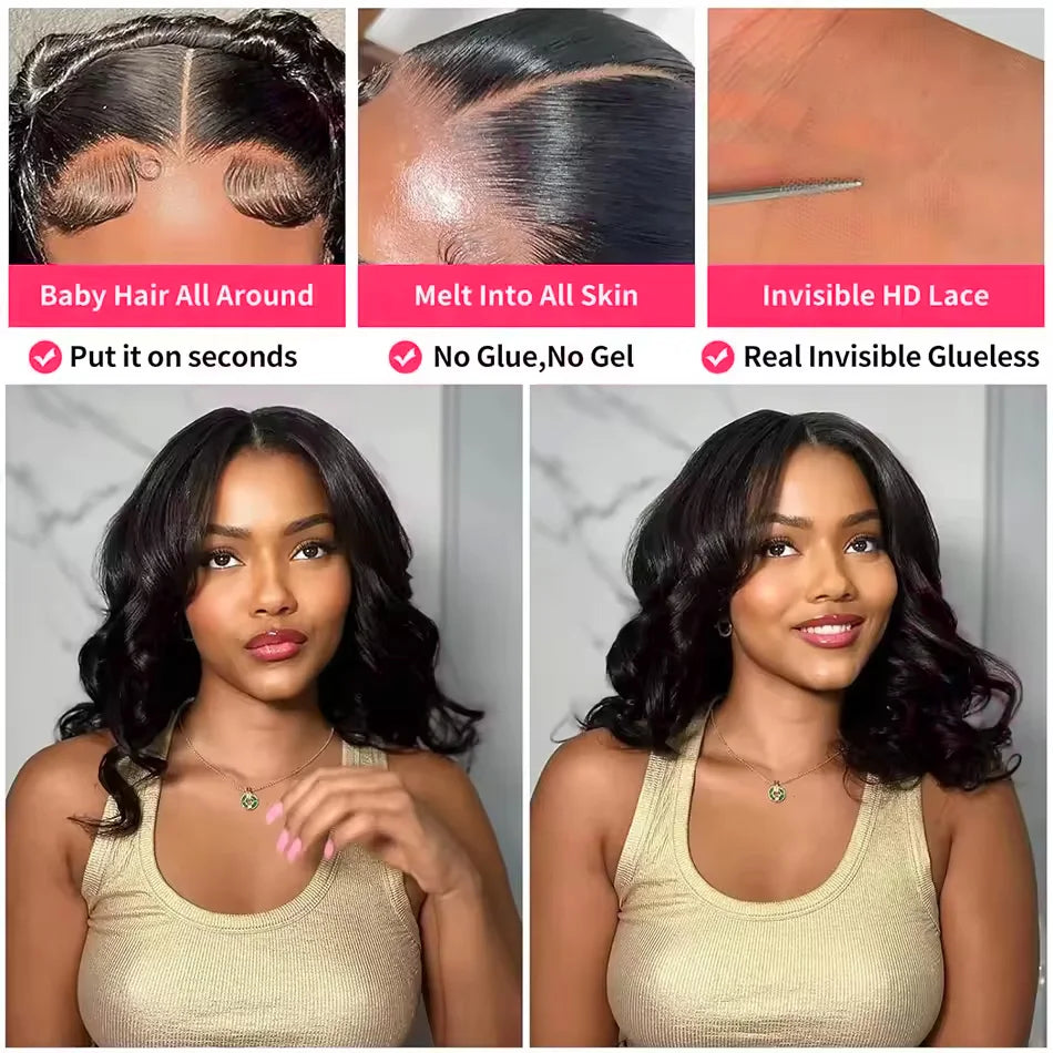 220 Density Short Bob 13x6 HD Transparent Lace Front Wigs Brazilian Body Wave 13x4 Lace Frontal Human Hair Wig