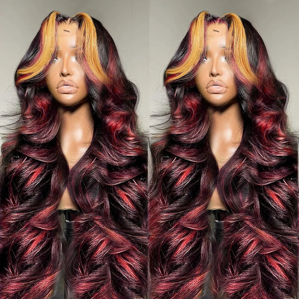 Ombre Red With Blonde Highlights Body Wave 5x5 Glueless Wigs Human Hair Burgundy for Women Pre Plucked 200 Density Colored Wig