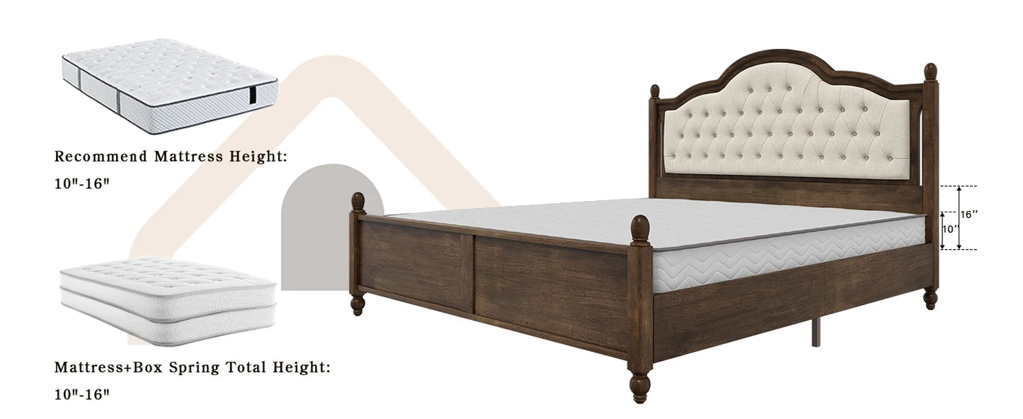 King Size Wood Bed Frame with Upholstered Headboard, Solid Wood Platform Bed with Linen Tufted, No Box Spring Needed