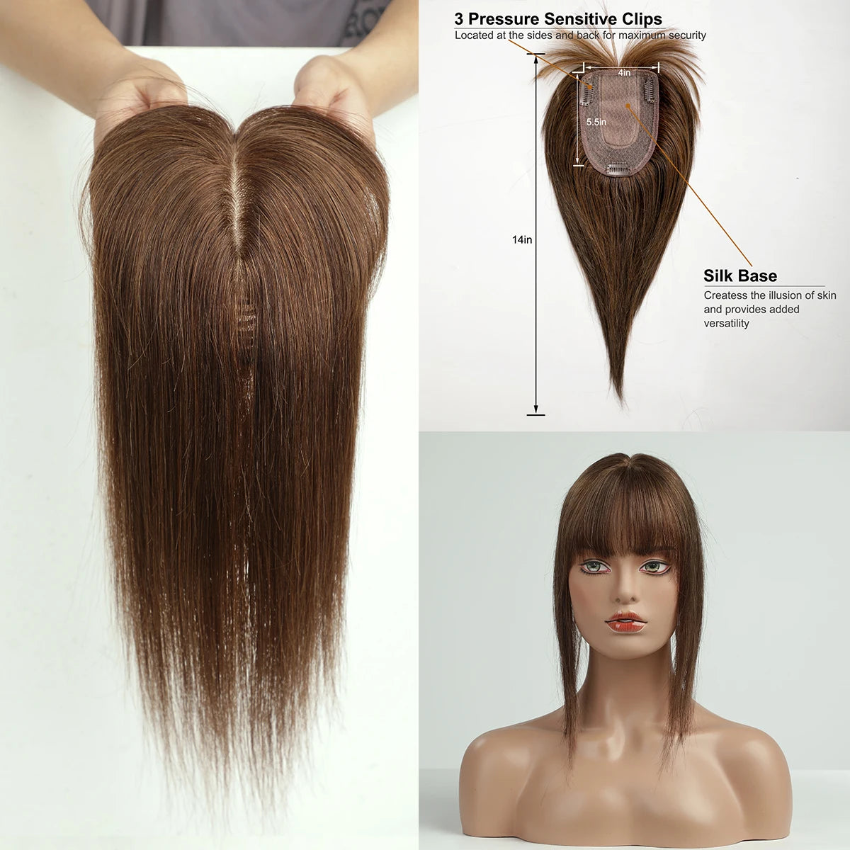 Ombre Blonde 100% Remy Human Hair Toppers with Bangs Silk Base Clip in Topper Top Hair in Hair Extension for Women 10/12/14inch