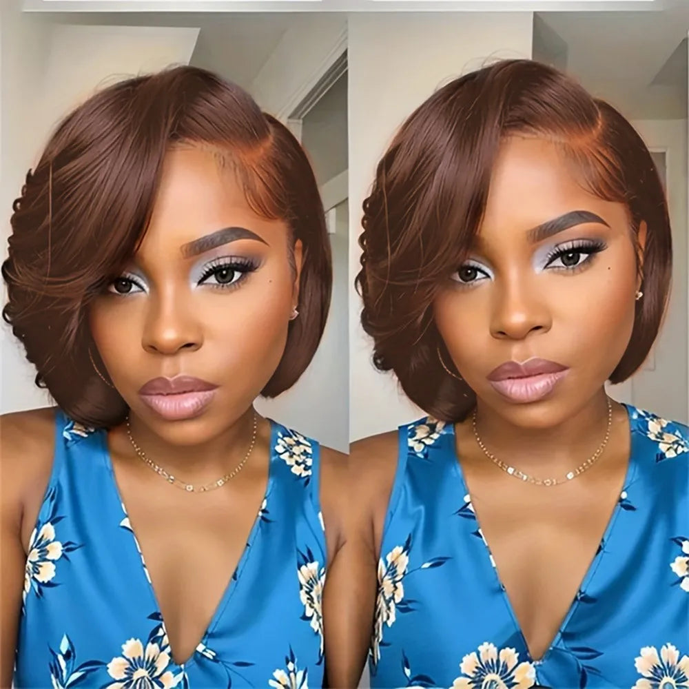 13x4 frontal lace daily party use remy wig 150% density 8inch 99 brown black color short straight pixie cut human hair wig