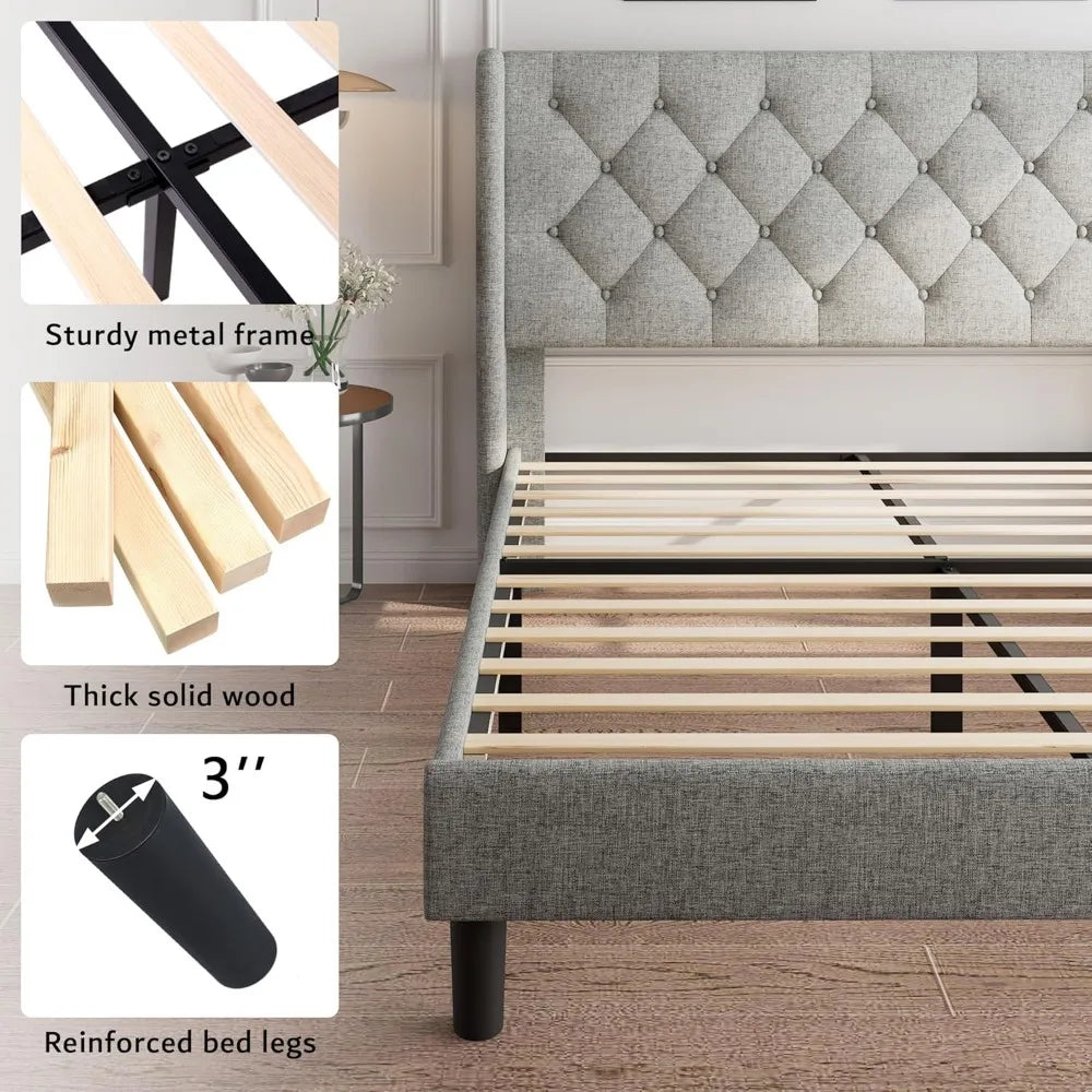 iPormis Full Size Platform Bed Frame with Button Tufted Headboard, Upholstered Bed Frame with Solid Wooden Slats, 8" Underbed Sp