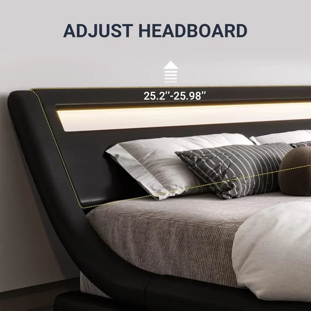 King Size LED Platform Bed Frame with Adjustable Headboard/No Box Spring Need/Easy Assembly/Faux Leather