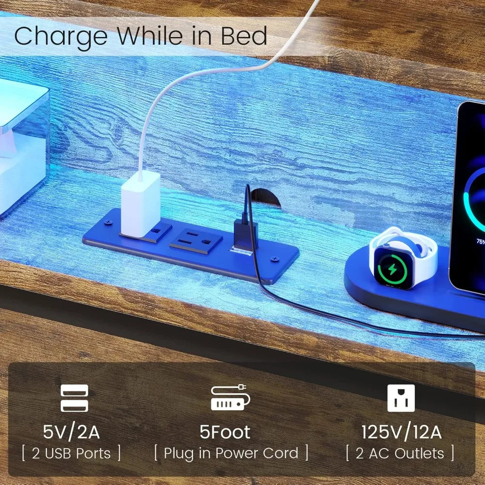 King Size Bed Frame with Storage Headboard Bed Frame with USB Ports & Charging Outlets No Box Spring Needed Bed Frame