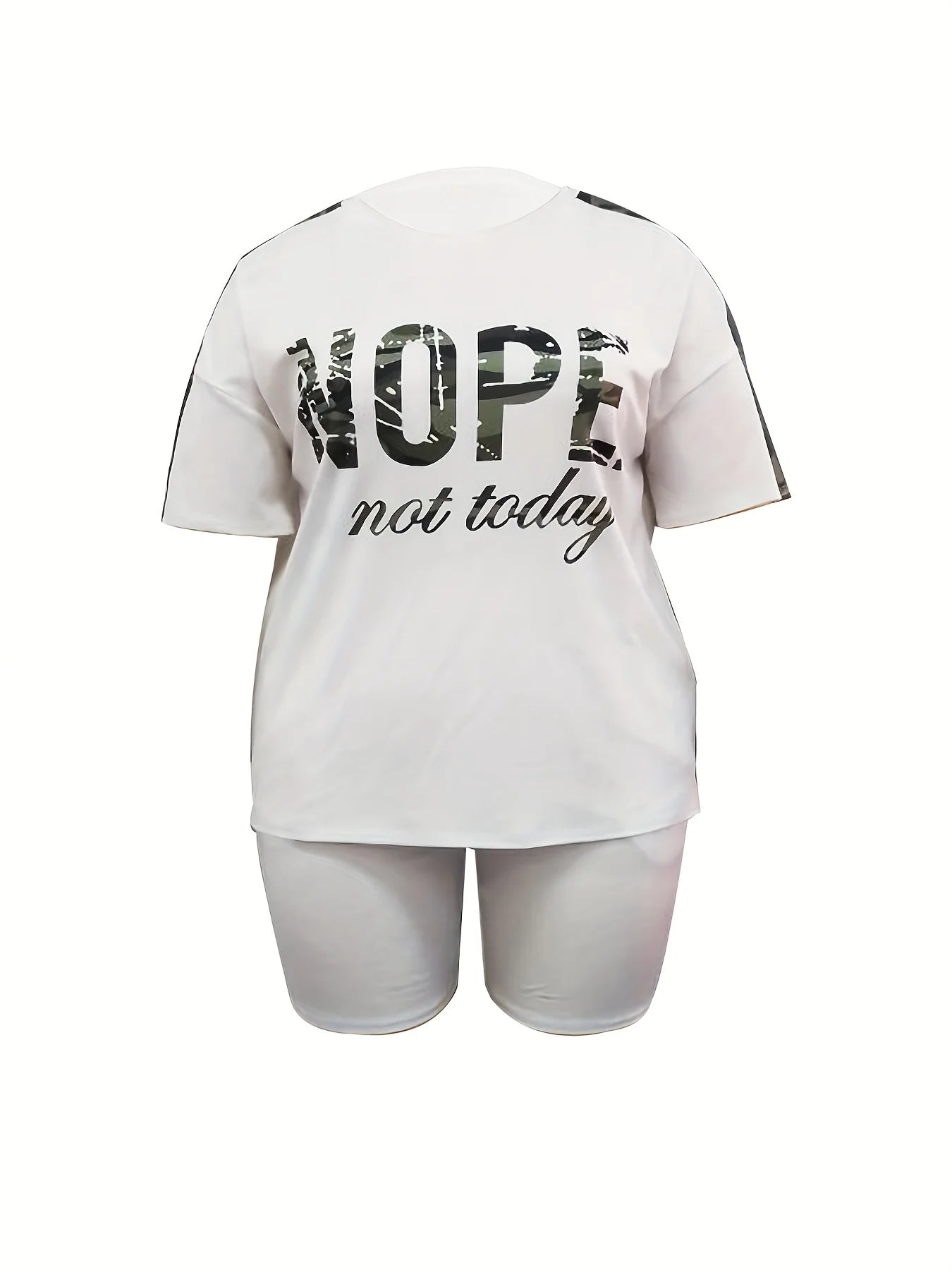 Plus Size Outfits Two Piece Set, Women's Plus Letter Print Contrast Panel Short Sleeve Tee & Shorts Outfits 2 Piece Set