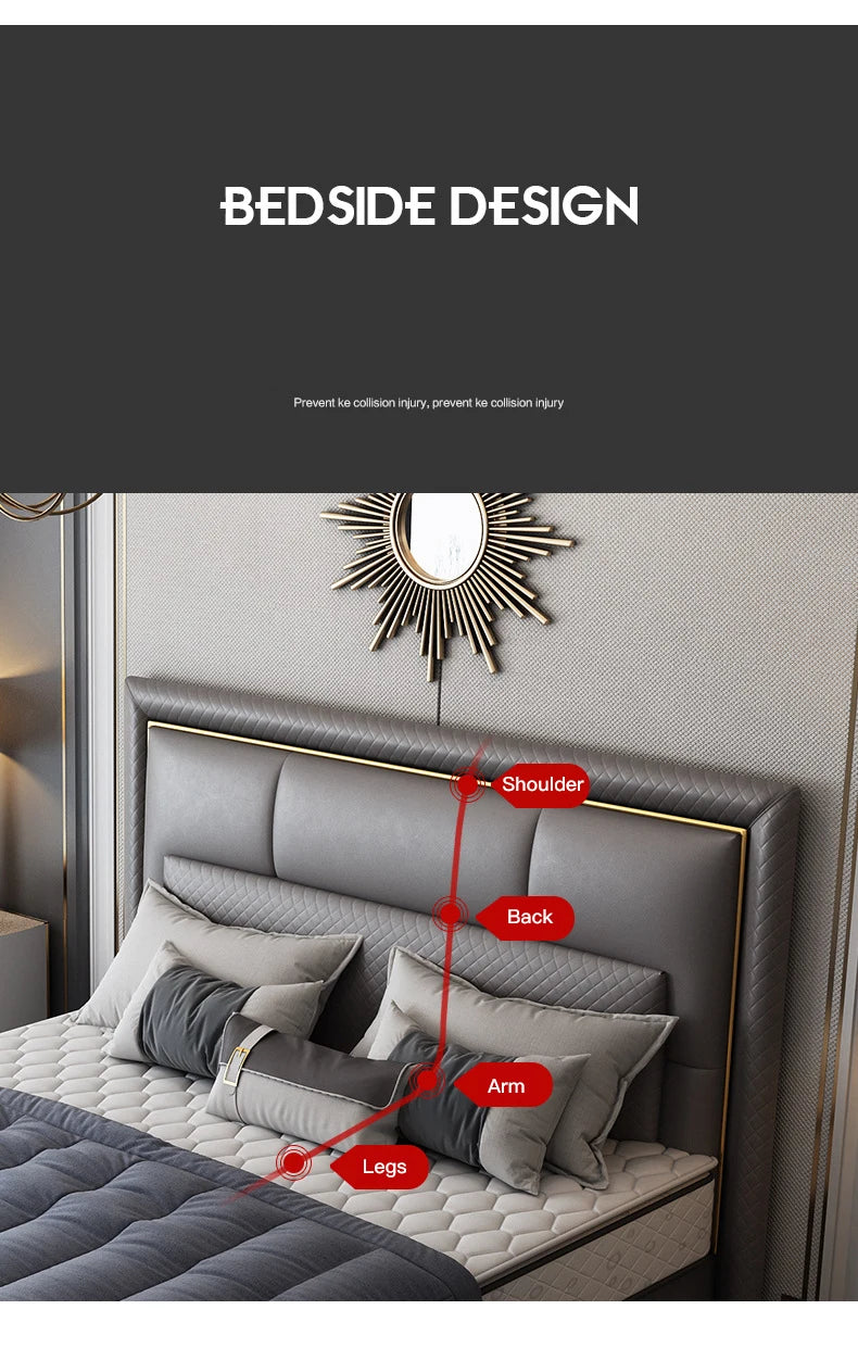 Light Luxury  Bed Frame Dark Gray Complete Furniture Bedrooms Set Beside Tables Cama King Size 2 People For Apartment Villa Home