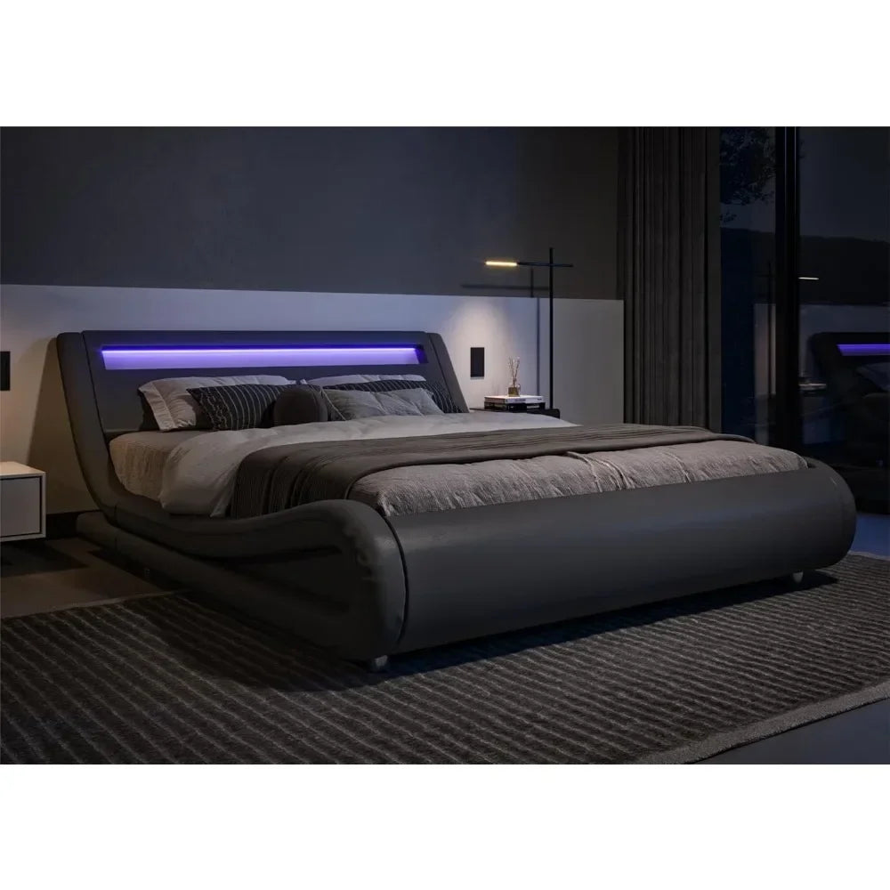 King Size LED Platform Bed Frame with Adjustable Headboard/No Box Spring Need/Easy Assembly/Faux Leather