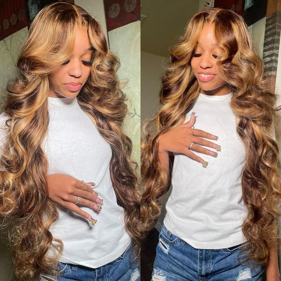 30 40 Inch 4/27 Highlight Body Wave 13x4 Human Hair Lace Frontal Wigs 250 Density Colored Ombre 13x6 HD Lace Front Wig For Women
