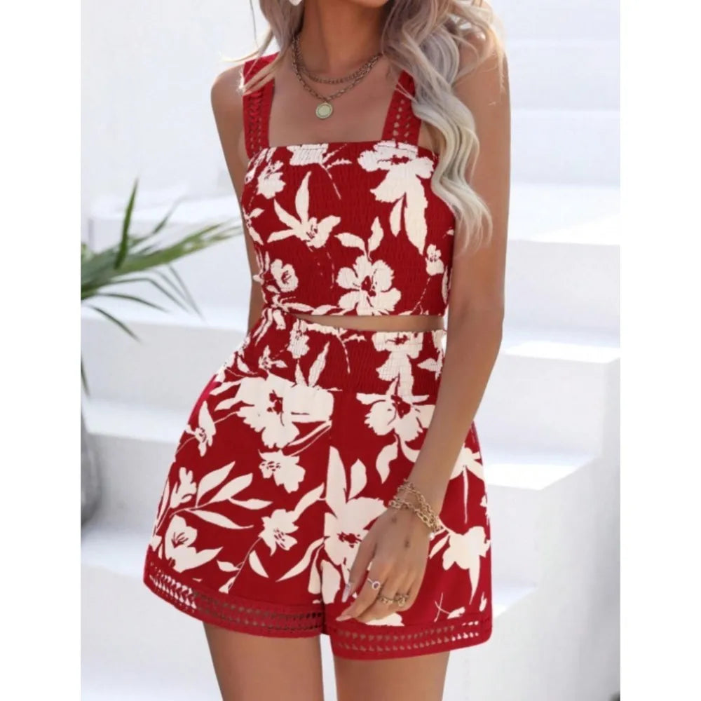 Casual Bohemian Vacation Style Women's Suit Summer New Fashion Strappy Backless Women's Short-sleeved Suit 2025
