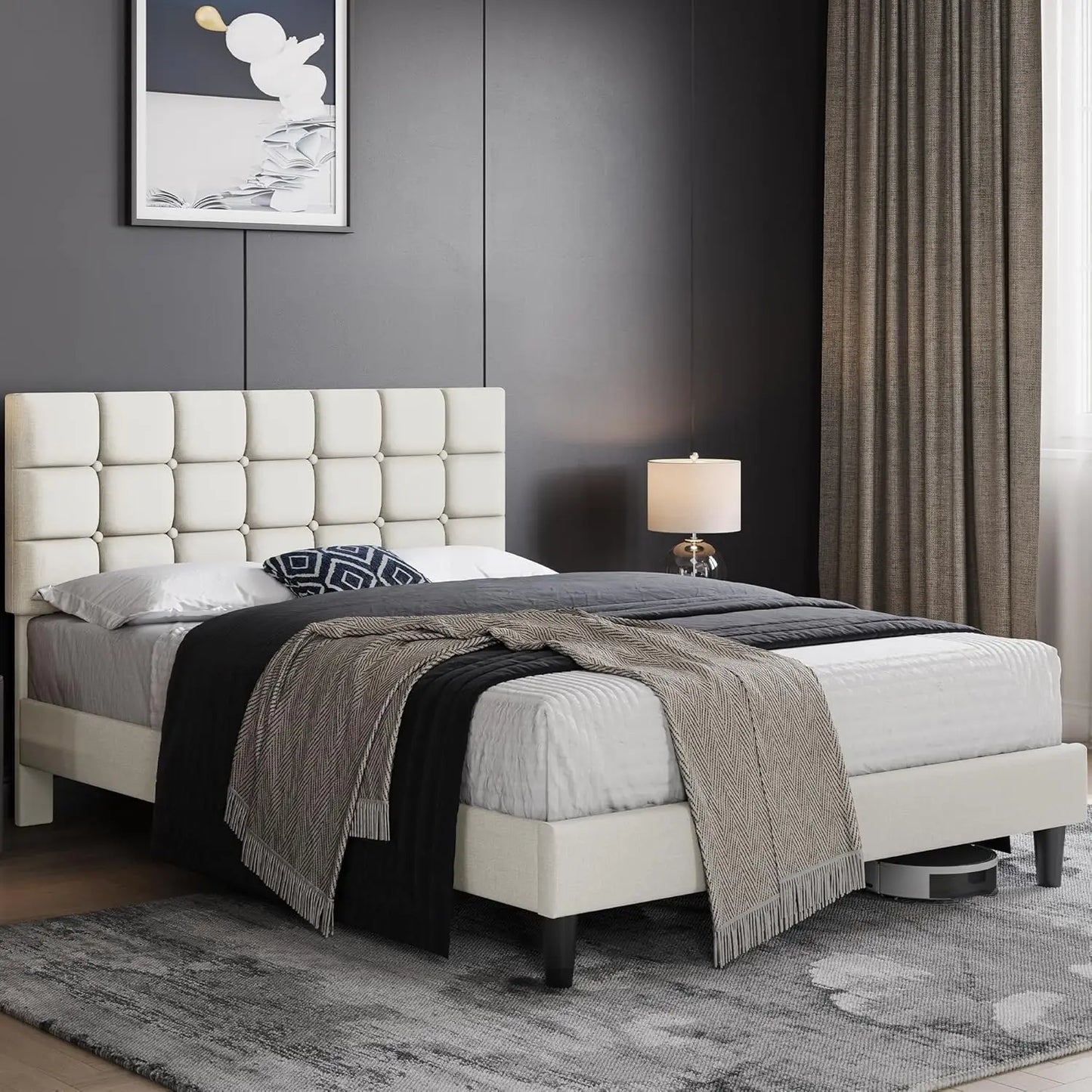 Soft Padded Bed Frame, Modern King Size Bed Platform, with Square Stitching and Button Tufted Headboard, Adjustable Height