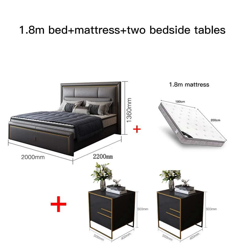 Light Luxury  Bed Frame Dark Gray Complete Furniture Bedrooms Set Beside Tables Cama King Size 2 People For Apartment Villa Home