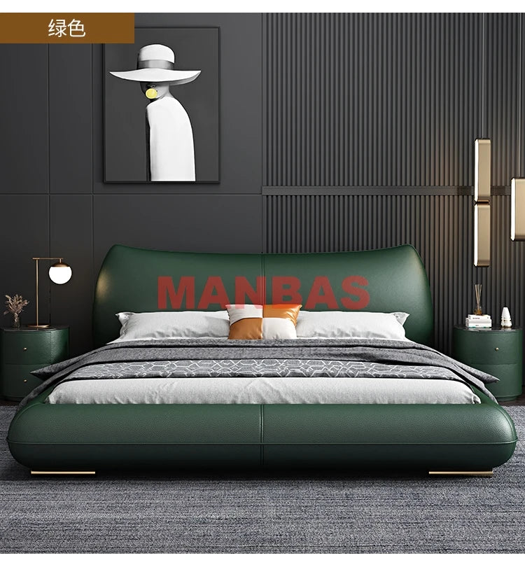 Linlamlim Genuine Leather Bed Double Size Rectangle Bed Frame Nordic King/Queen Size Wedding Lits Designer Upholstered Camas