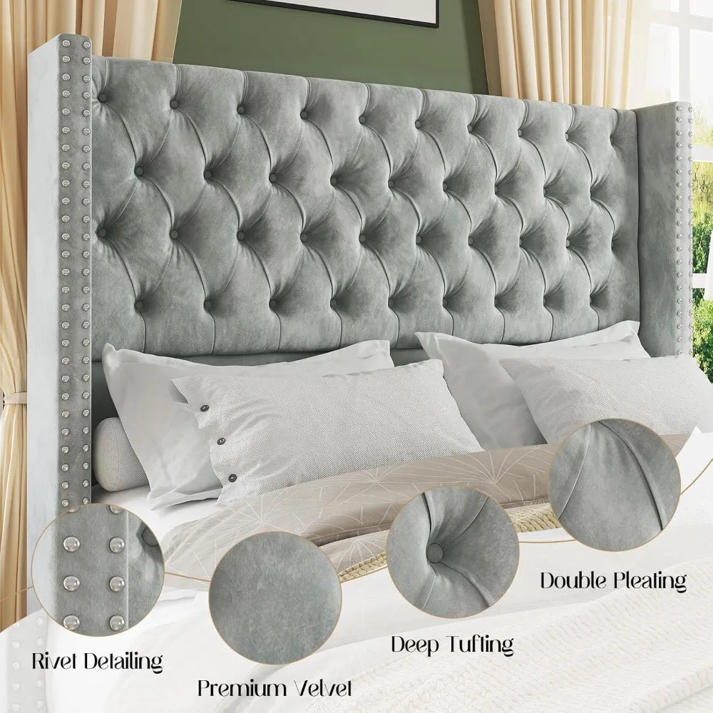 Queen Size Bed Frame Velvet Upholstered Platform Bed 51.6" Tall Wingback Headboard Deep Button Tufted, No Box Spring Needed