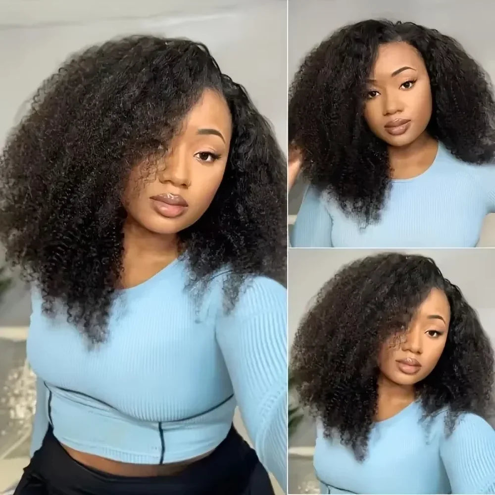 Human Hair Kinky Curly 3 In 1 Human Hair Wig Seamless Flip Over Half Wig
