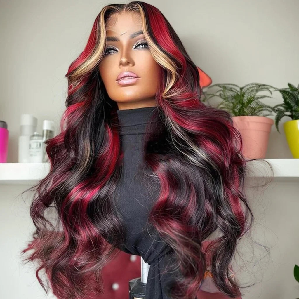 Ombre Red With Blonde Highlights Body Wave 5x5 Glueless Wigs Human Hair Burgundy for Women Pre Plucked 200 Density Colored Wig