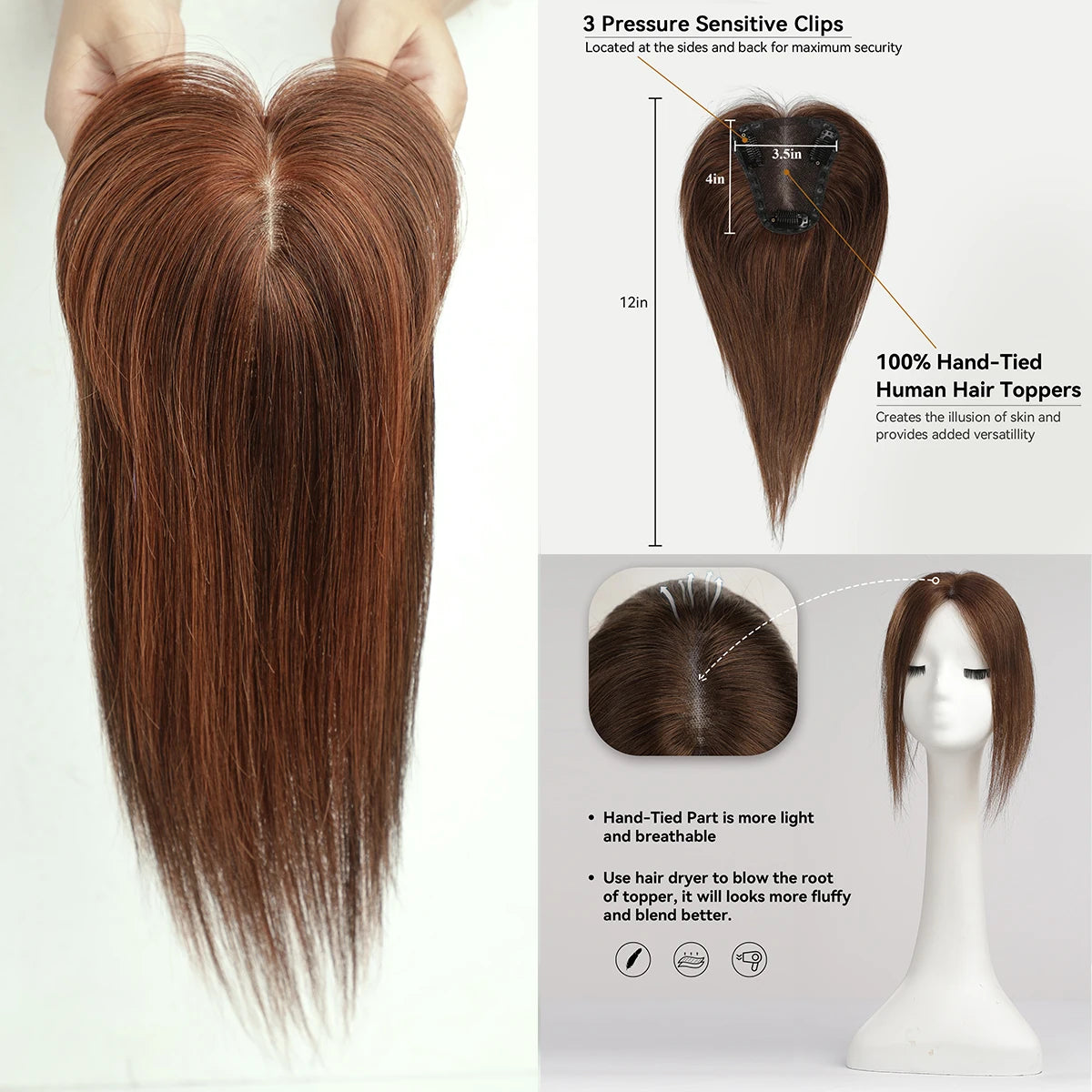 Ombre Blonde 100% Remy Human Hair Toppers with Bangs Silk Base Clip in Topper Top Hair in Hair Extension for Women 10/12/14inch