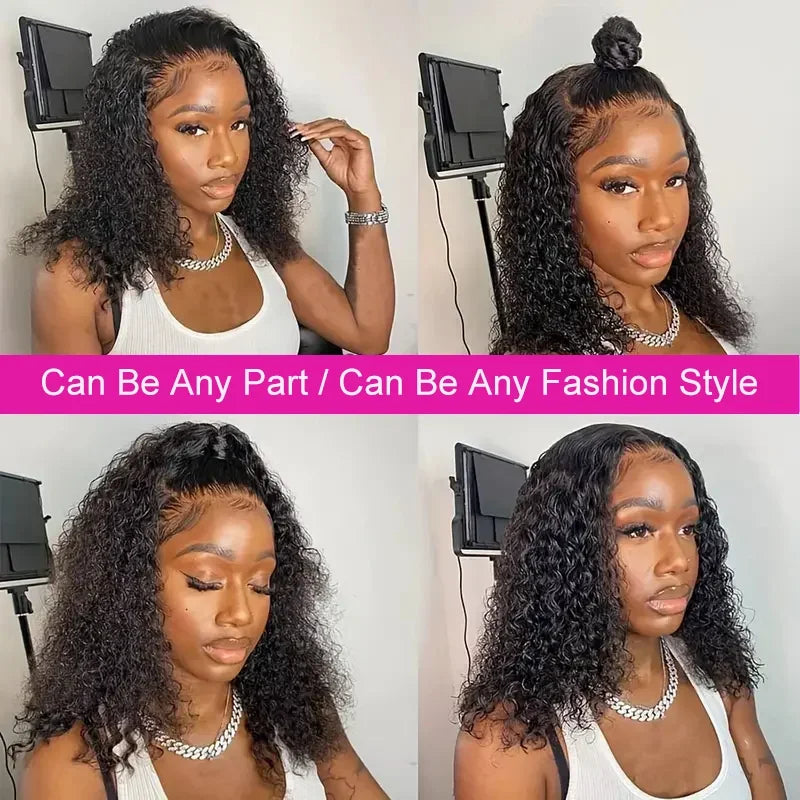 200 Density 13x6 Short Bob  Deep Wave wigs Curly 100% Human Hair 13x4 HD Transparent Lace Front Wig 14 16 Inches