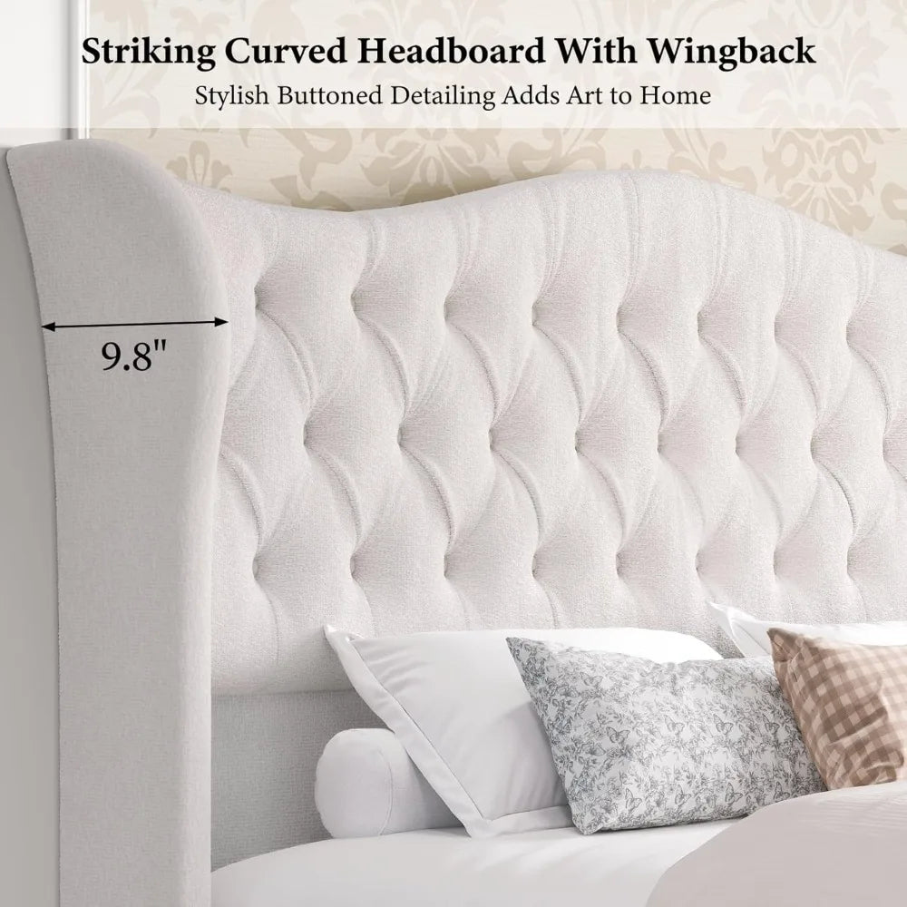 King Size Chenille Upholstered Bed Frame, Sleigh Platform Bed Frames with 51" Tall Wingback Headboard & 27" Scroll Footboard