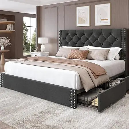 Queen Size Bed Frame with 4 Storage Drawers and Tufted Headboard Linen Upholstered Platform Bed Frame with Heavy Duty Wood Slats