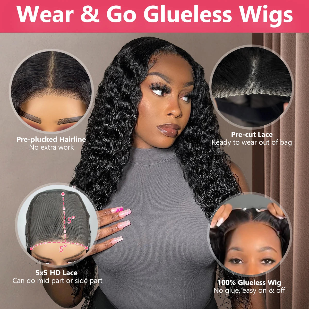 Curly Glueless Wigs Human Hair Ready to Wear Deep Wave Lace Front Wigs