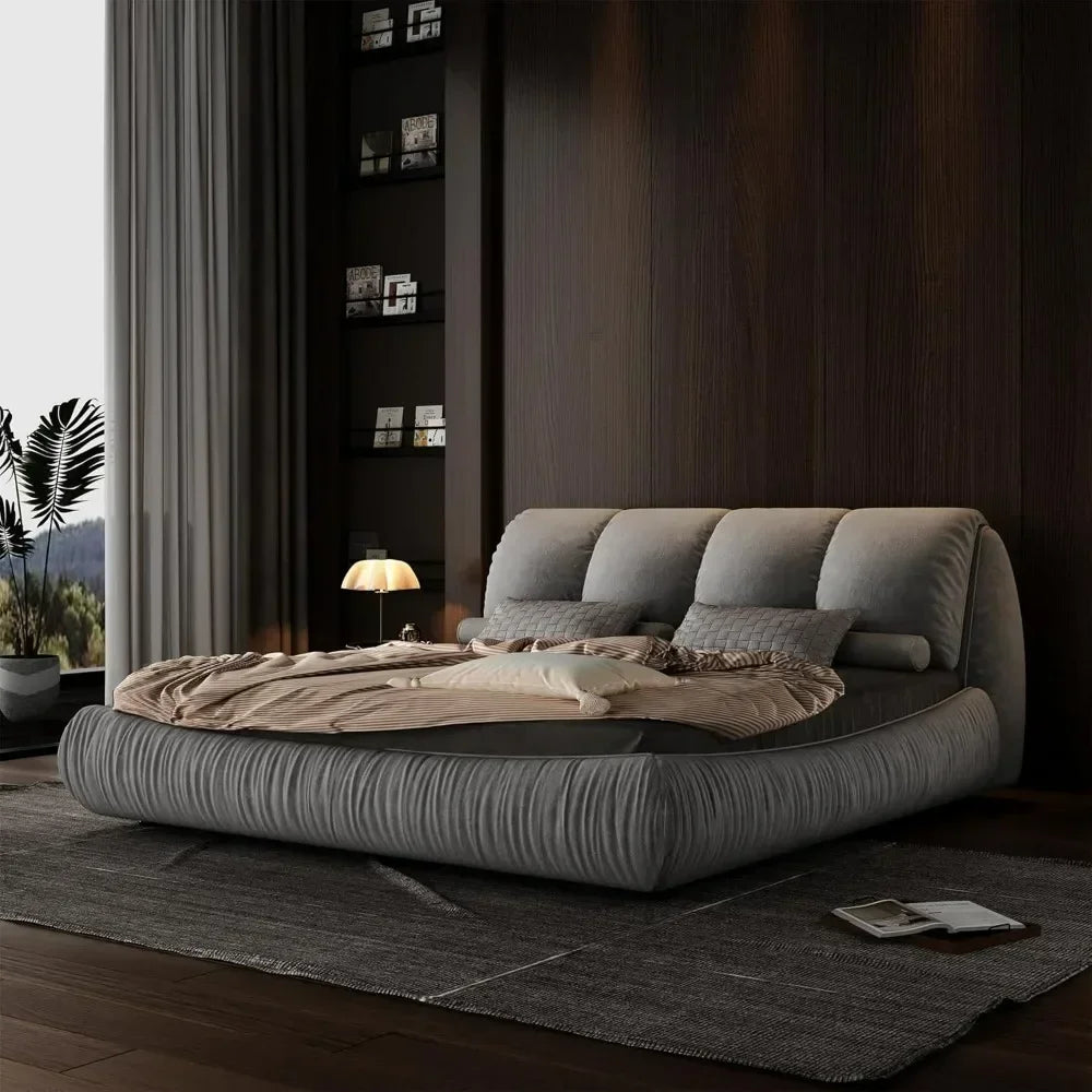 Luxury  Upholstered Platform Bed with Oversized Padded Backrest, Soft Frame Cloud Bed,Pinewooden Slats and Metal Leg