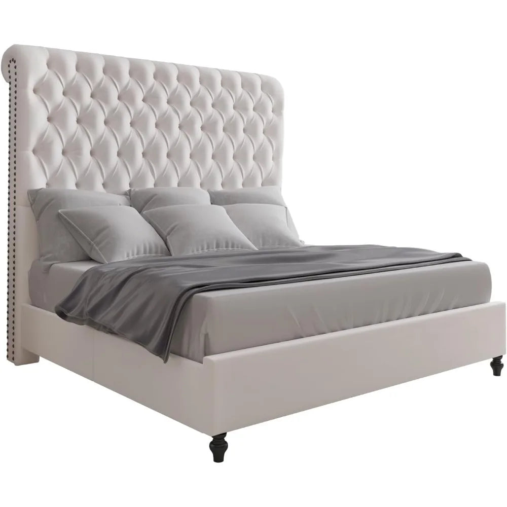 Queen Size Bed Frame with Sleigh Headboard 60" Tall Velvet Upholstered Platform Bed, No Box Spring Needed, Cream